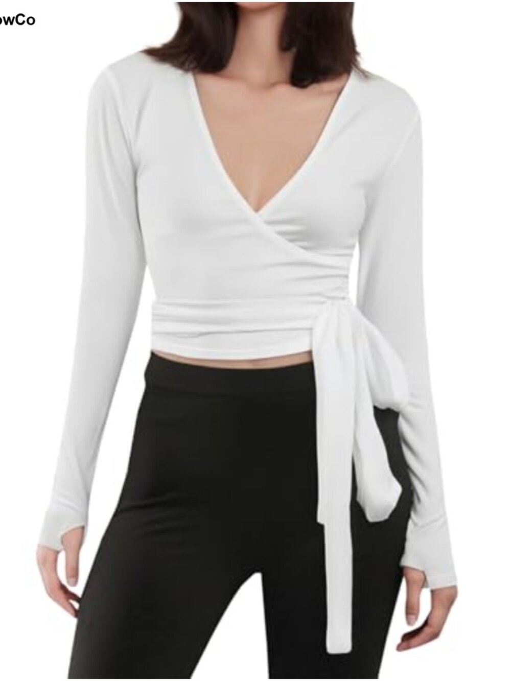 Women's Wrap Tie Front Cropped Top Long Sleeve V Neck Workout Yoga Shirt